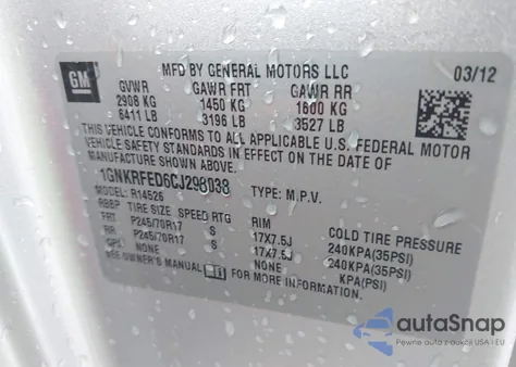 2012 Chevrolet Traverse Ls z USA, uszkodzony, nr VIN 1GNKRFED6CJ298038